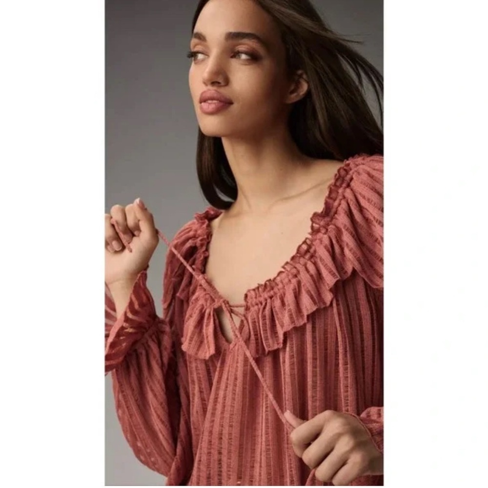 Anthropologie Pink Ruffled Open Knit Sheer Peasant Top Size M Oversized